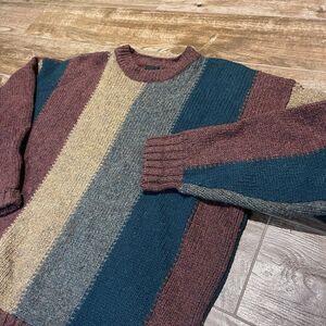 VTG Structure Sweater Mens Size M Striped 100% Wool Crew Neck Knit Y2K *FLAW